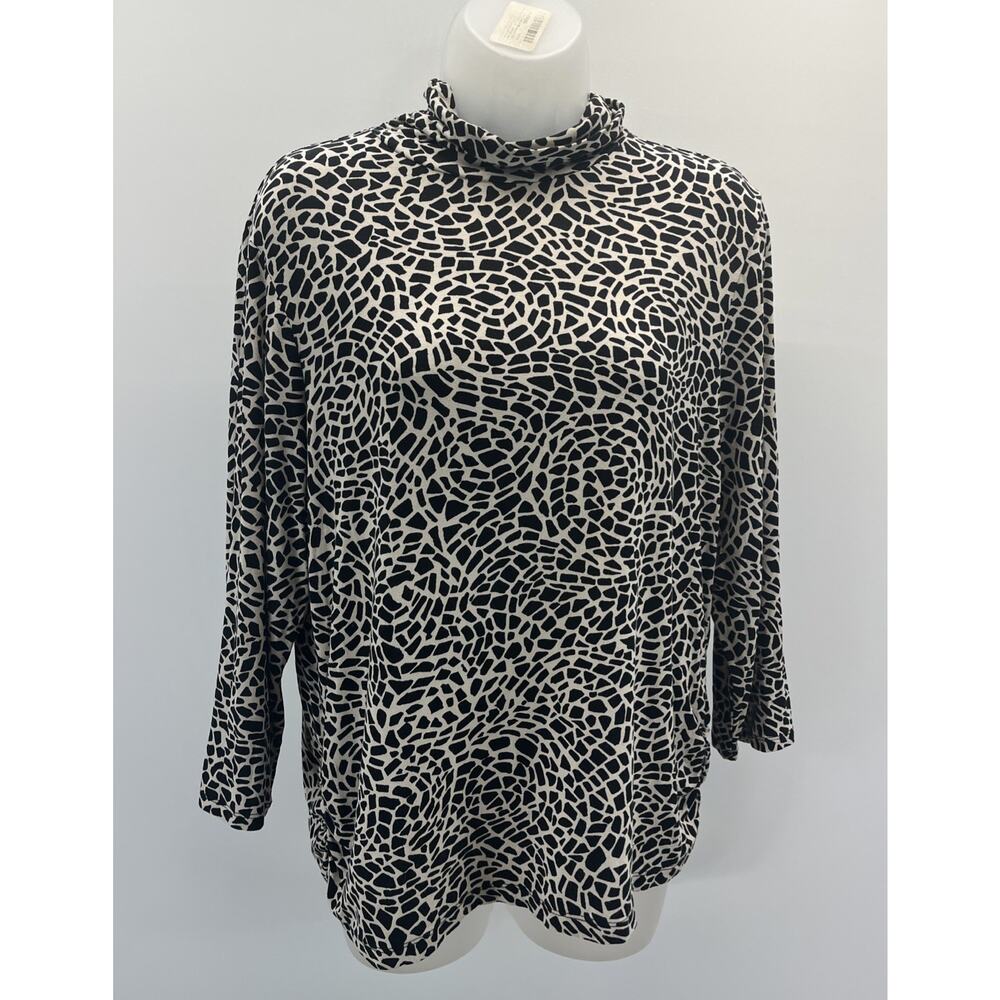 Chico's Black & Beige Animal Print Mock Neck Stretch Blouse, Size 2